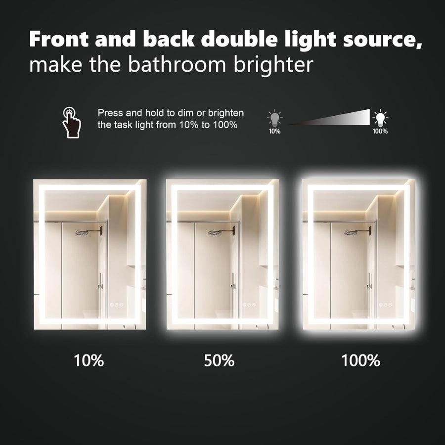Bathroom mirror with illuminated frame showing light intensity levels on a black background.