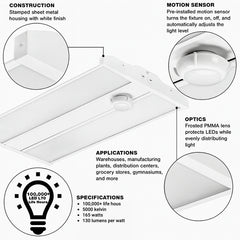 165W Linear LED High Bay Light with PIR Motion Sensor, 22,440 Lumens, 5000K Daylight, DLC 5.1 Premium, 400W MH Equivalent, Frosted PMMA Lens, 120-277V, Suspended Mounting, Warehouse & Industrial Lighting