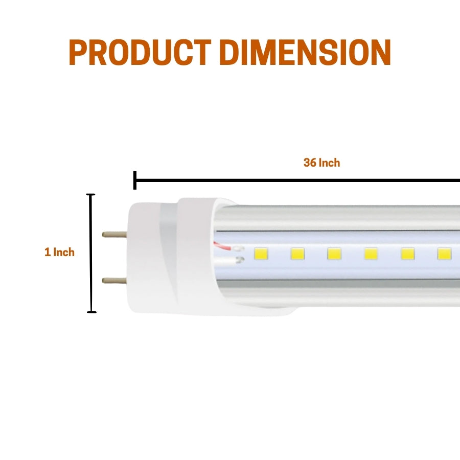 3 ft LED tube light with dimensions labeled on a white background