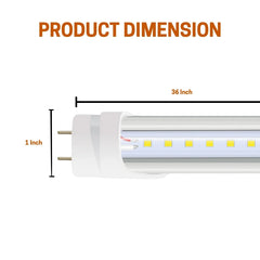 3 ft LED tube light with dimensions labeled on a white background