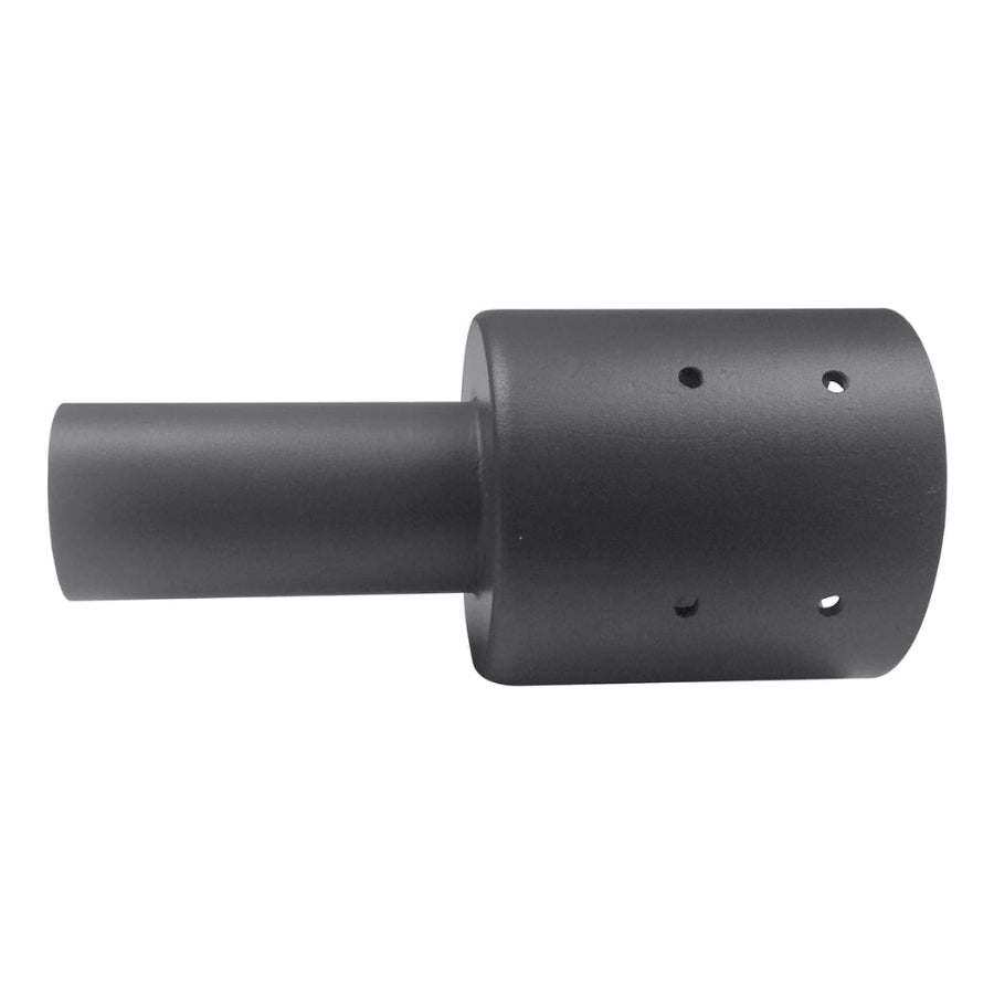 Black cylindrical metal component with holes on a white background