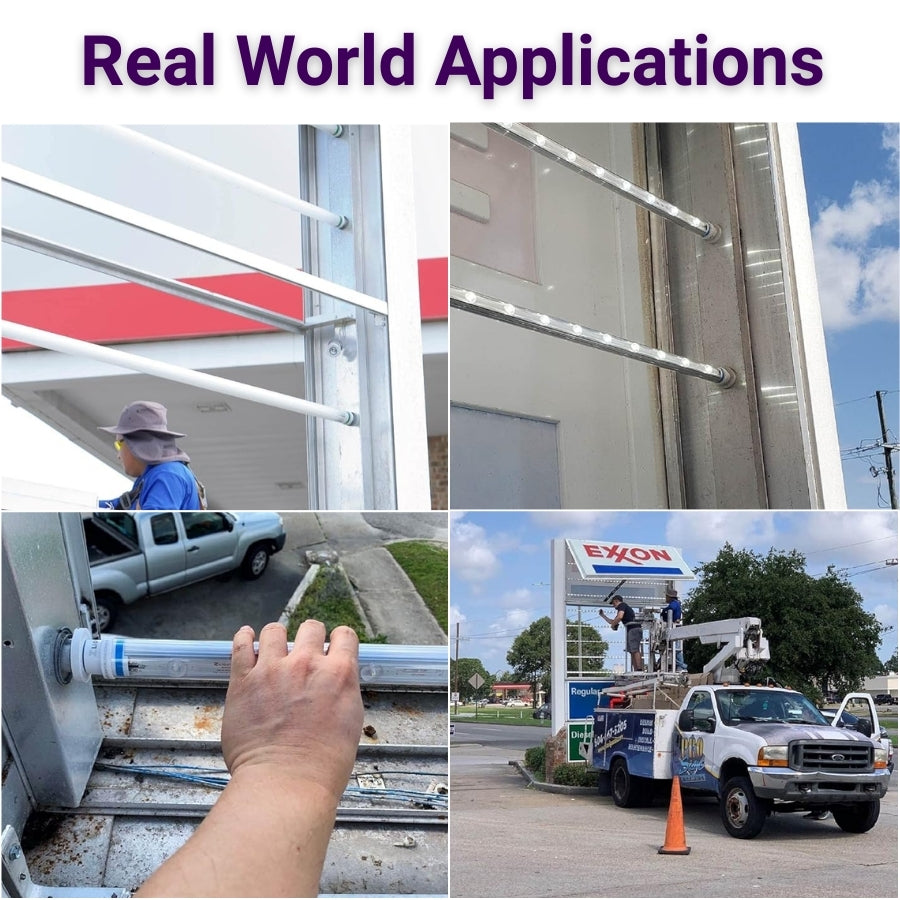 Collage of real-world applications including a person using a ladder, a truck with a ladder on top, and an Exxon gas station.