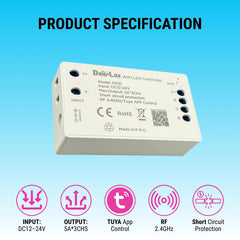WiFi LED Controller D015/D016, 3-4CH 12-24V RGB/RGBW, 2.4GHz RF Remote, Tuya App, Alexa/Google Voice, 1024-Level PWM Dimmer, Short-Circuit Protected