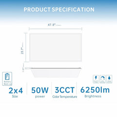 2x4 FT LED Flat Panel Light with Emergency Battery Backup, 50W, 6500 Lumens, 3CCT 3000K–5000K, 0-10V Dimmable, 100-277V, UL & DLC Listed, Ultra Thin Backlit – 2 Pack