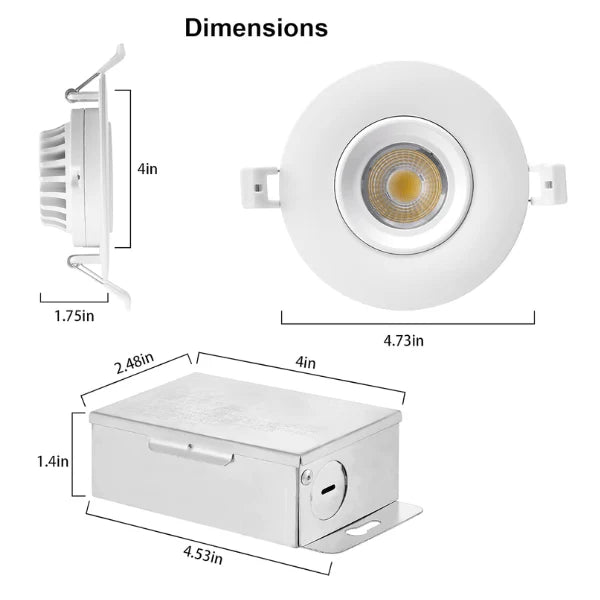 Dimensions of a white LED downlight with measurements labeled at fliptoled
