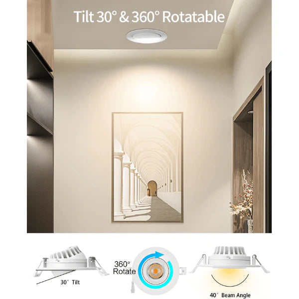 Ceiling light fixture with 360-degree rotation and 30-degree tilt feature, installed in a room at fliptoled