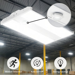 165W Linear LED High Bay Light with PIR Motion Sensor, 22,440 Lumens, 5000K Daylight, DLC 5.1 Premium, 400W MH Equivalent, Frosted PMMA Lens, 120-277V, Suspended Mounting, Warehouse & Industrial Lighting