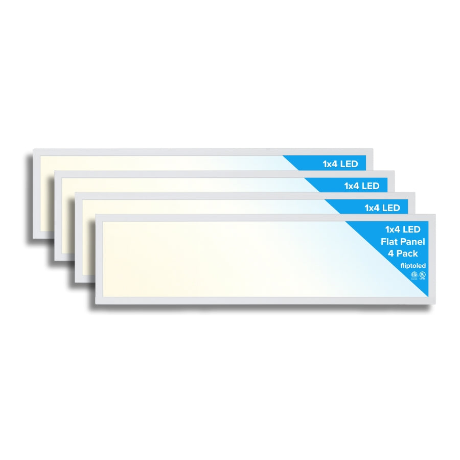 4 pack 1x4 led flat panel light with packaging on a white background