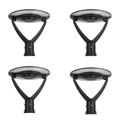 Four black outdoor street lights on a white background