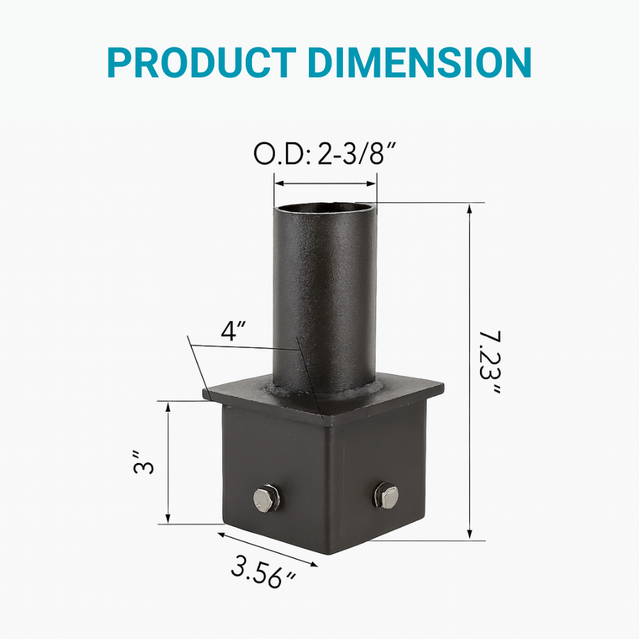 4'' square pole tenon adapter
dimensions diagram with a black cylindrical and square component on a white background.