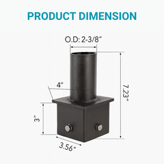 4'' square pole tenon adapter
dimensions diagram with a black cylindrical and square component on a white background.