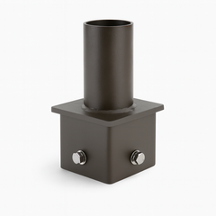 4 square pole tenon adapter, Black metal fitting with cylindrical top and square base on a white background