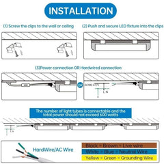 Step-by-step installation guide for LED fixture with diagrams and wire color coding.