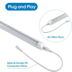 4ft led shop lights with connection wires on a white background, featuring text 'Plug and Play'.