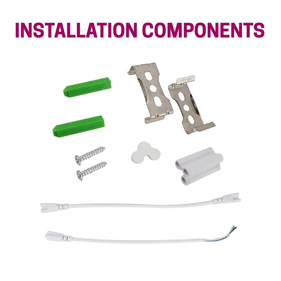 Set of installation components including green and silver brackets, screws, and white cables of 4ft shop light led on a white background.