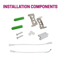 Set of installation components including green and silver brackets, screws, and white cables of 4ft shop light led on a white background.