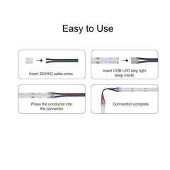 4PIN Transparent COB Connectors Kit for RGB COB LED Strip Lights – 10mm, Solderless Connection, 5pcs 15cm Wires