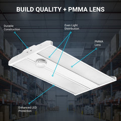 165W Linear LED High Bay Light with PIR Motion Sensor, 22,440 Lumens, 5000K Daylight, DLC 5.1 Premium, 400W MH Equivalent, Frosted PMMA Lens, 120-277V, Suspended Mounting, Warehouse & Industrial Lighting
