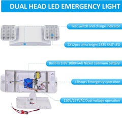 Indoor Emergency Lights with Battery Backup (90 Minutes), 2 Adjustable LED Heads of Power Outage, Wall Mount, Hard Wired, Test Switch and Charge Indicator 120-277V, Fire Resistant (UL 94V-0)