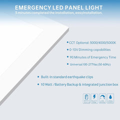 2x4 FT LED Flat Panel Light with Emergency Battery Backup, 50W, 6500 Lumens, 3CCT 3000K–5000K, 0-10V Dimmable, 100-277V, UL & DLC Listed, Ultra Thin Backlit – 2 Pack