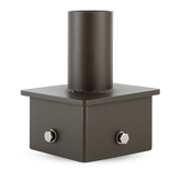 Metallic cylindrical object on a square base with two knobs on a white background