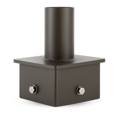 Metallic cylindrical object on a square base with two knobs on a white background