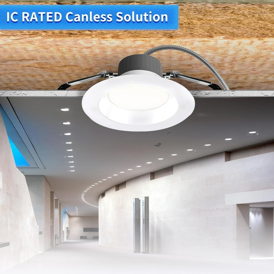 Ceiling light fixture in a modern indoor setting with 'IC Rated Canless Solution' text.