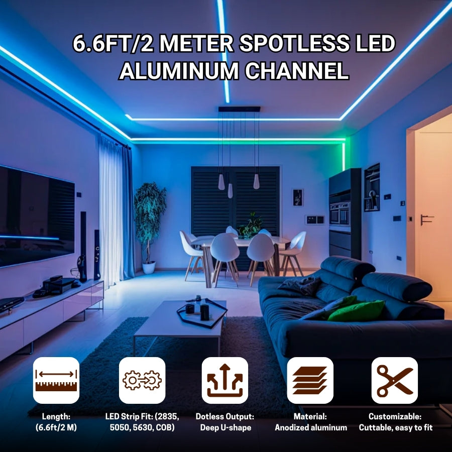 Modern living room with spotless LED aluminum channel lighting, featuring text and icons about product features.