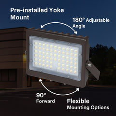 50W Max LED Flood Light with Yoke Mount — Selectable Wattage 30W/40W/50W & 3CCT (3000K–5000K), 7,250 Lumens, Photocell Included, 0-10V Dimmable, IP65 Waterproof, 250W MH Equivalent, UL/DLC Premium, 50,000 Hrs, 5-Year Warranty