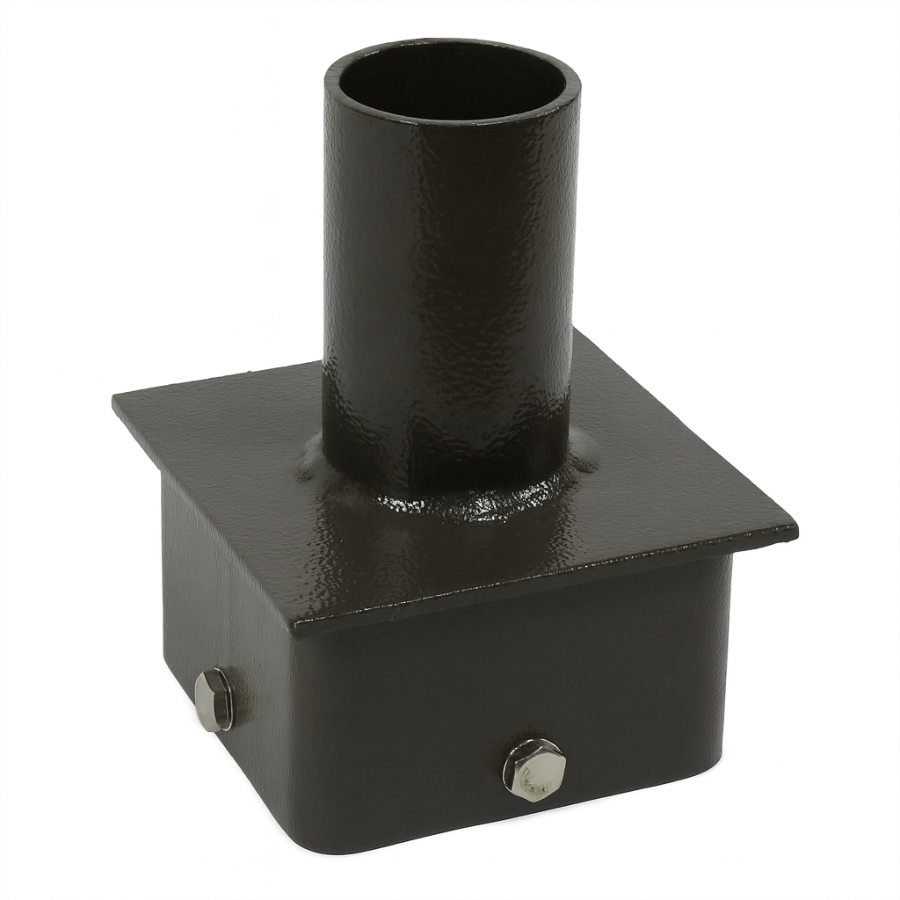 Black metal fitting with cylindrical top and square base on a white background