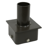 Black metal fitting with cylindrical top and square base on a white background