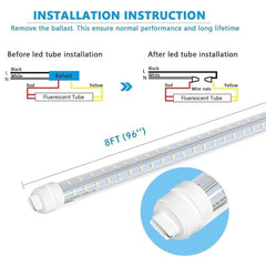 Super Bright V Shaped 8FT R17D/HO LED Tube Lights 270° Angel, 4 Row LEDs 80W 10800lm 6500K Cold White, Clear PC Cover (Replace for F96T12/CW/HO150W) Ballast Bypass Dual-Ended Power AC100-277V 12PACK