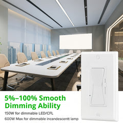 0-10V LED Dimmer Switch, Low Voltage Dimmer for Dimmable LED Lights, CFL, Halogen & Incandescent Bulbs, Single-Pole or 3-Way, No Neutral Required, 5%-100% Smooth Dimming, ETL Listed, Wallplate Included (White, 1 Pack)