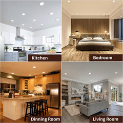 use cases of 6 inch led wafer lights by Collage of a kitchen, bedroom, dining room, and living room with labels.