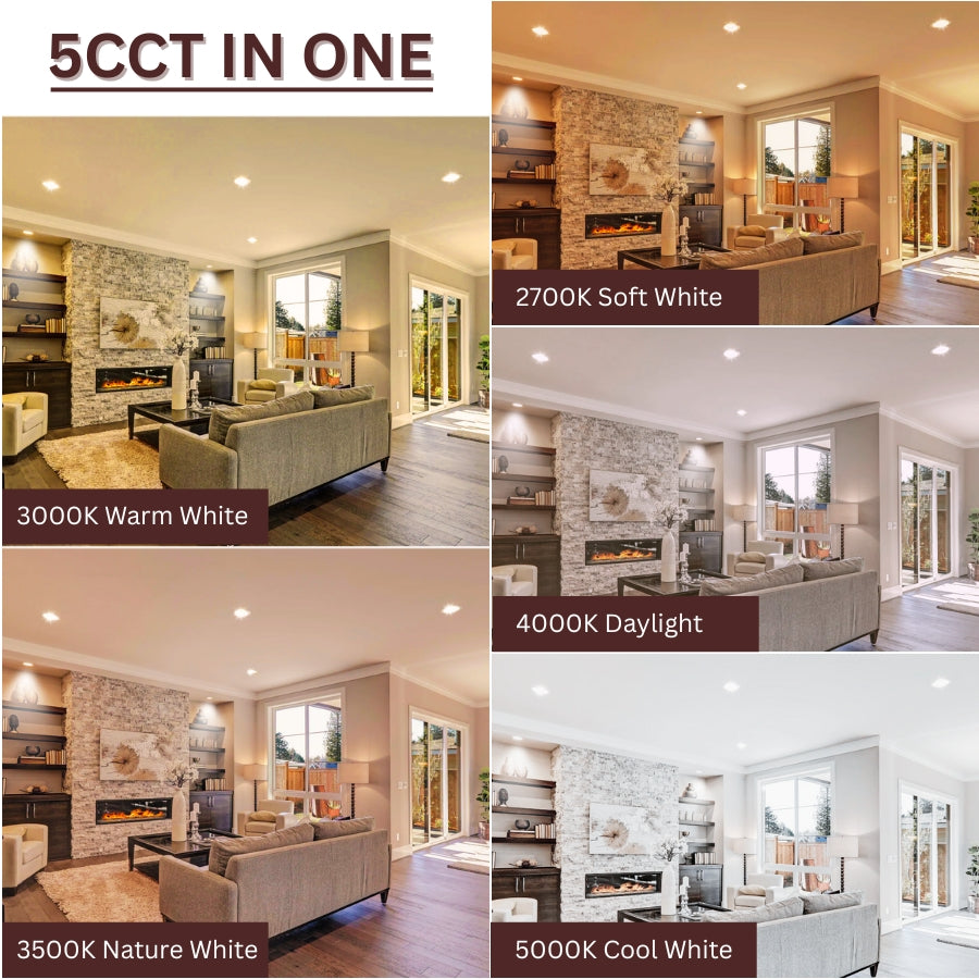 Collage of 6 inch recessed lights in a living room with different color temperature labels on the lighting.