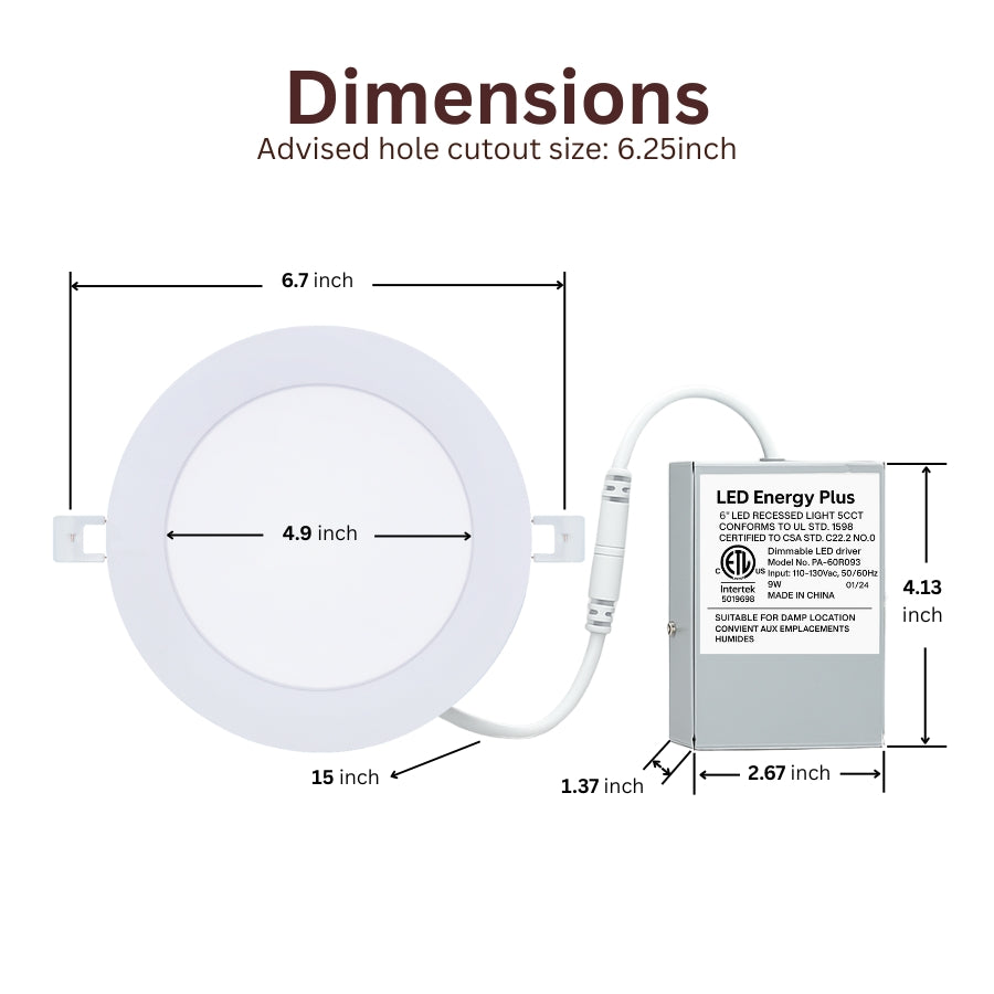Dimensions of a 6 led recessed lighting fixture with labeled measurements on a white background.