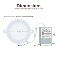 Dimensions of a 6 led recessed lighting fixture with labeled measurements on a white background.