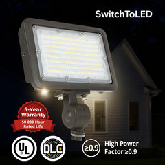 LED Flood Light, Knuckle Mount, Selectable Wattage 30W/40W/50W & CCT 3000K/4000K/5000K, 7,250 Lumens, 200W MH Equivalent, IP65 Waterproof, 0–10V Dimmable, Integrated Photocell, UL & DLC Listed – 5 Year Warranty