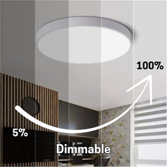Ceiling light fixture with dimming indicator showing 5% and 100% brightness levels in a room setting at fliptoled