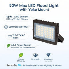 50W Max LED Flood Light with Yoke Mount — Selectable Wattage 30W/40W/50W & 3CCT (3000K–5000K), 7,250 Lumens, Photocell Included, 0-10V Dimmable, IP65 Waterproof, 250W MH Equivalent, UL/DLC Premium, 50,000 Hrs, 5-Year Warranty