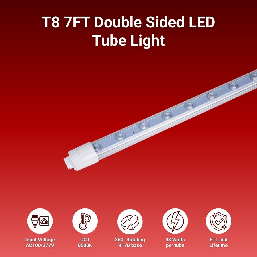T8 7FT Double Sided LED Tube Light on a red background with specifications listed.