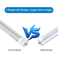 Comparison of V Shape LED design with 'VS' between 'Our Products' and 'Other brand' on a white background. 8 ft led shop lights at fliptoled