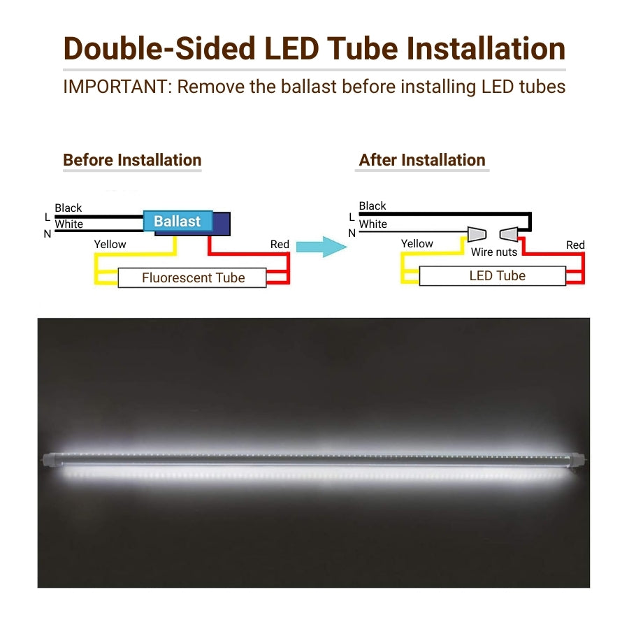 Diagram and 8ft shop lights installation with color-coded wiring.