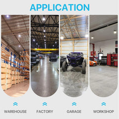 Applications of high bay ufo led lights in warehouse, factory, garage, and workshop settings.