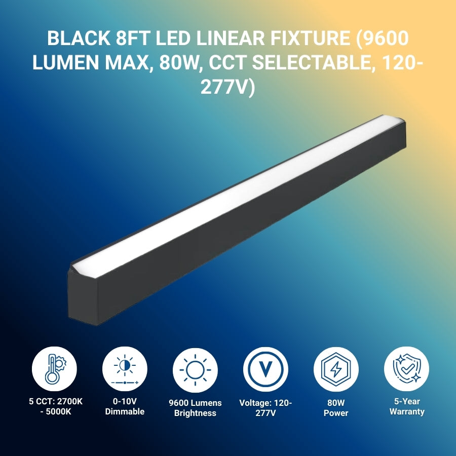 Black 8ft LED linear fixture with specifications on a gradient background