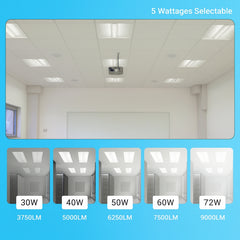 Ceiling lights with wattage options displayed on a blue background