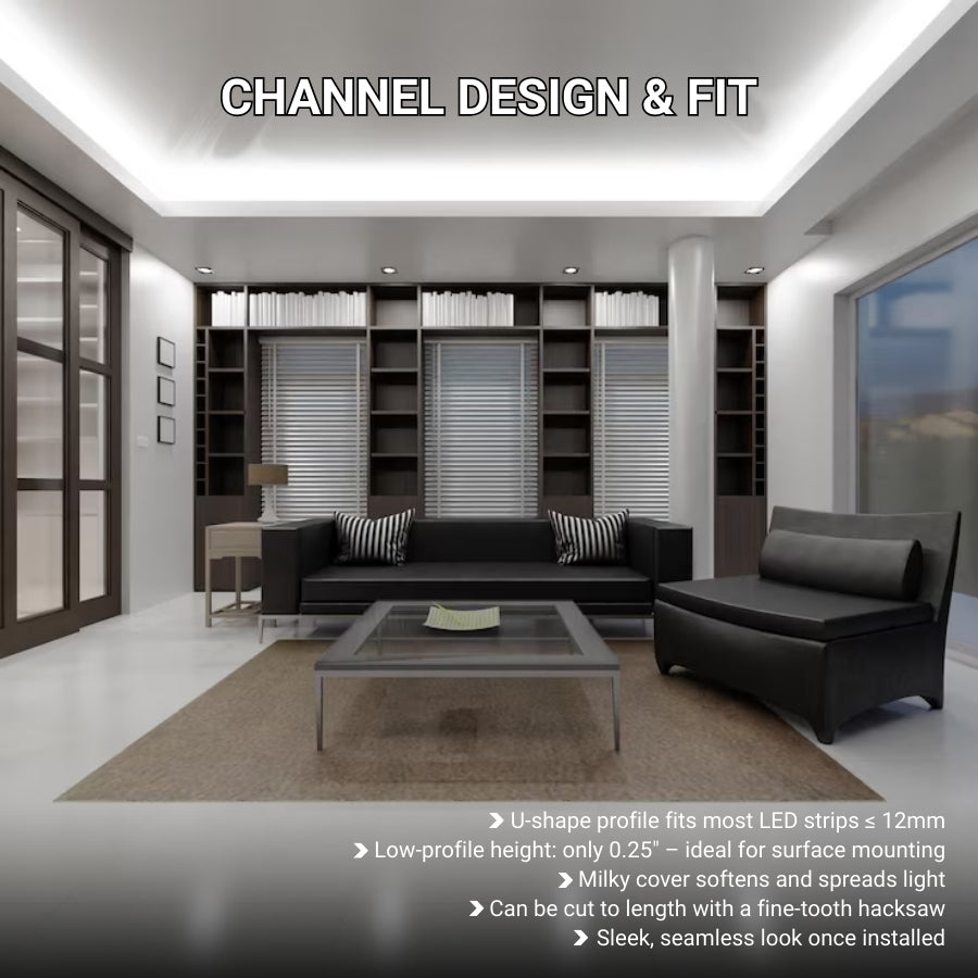 Modern living room with black sofa, coffee table, and bookshelves. Text about channel design and fit. LED Channel Aluminum at fliptoled