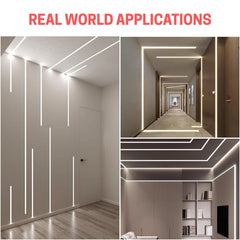Collage of interior design applications with LED strip lights in various settings.
