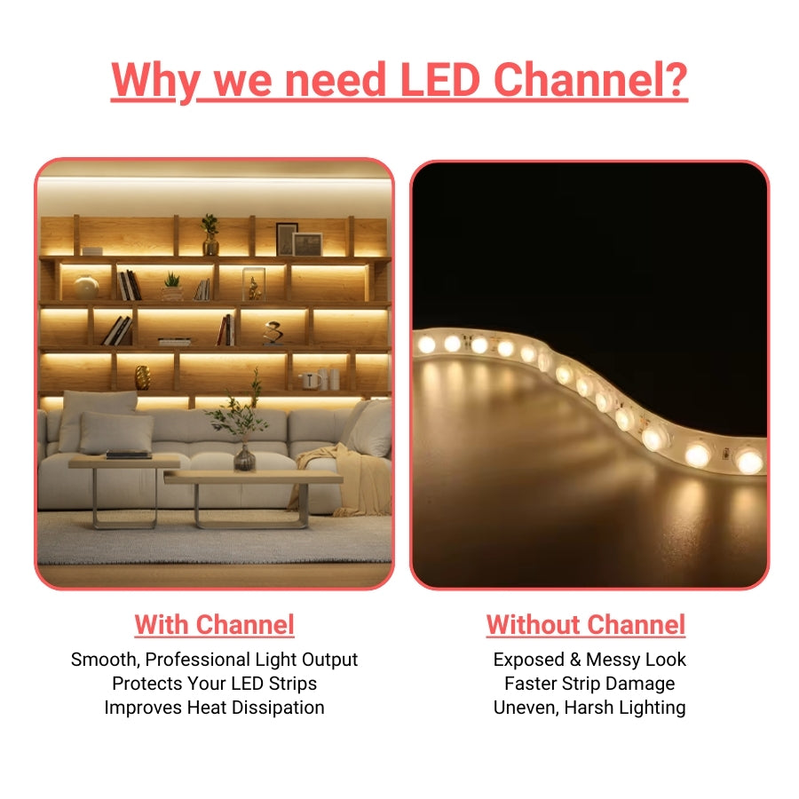 Comparison of LED lighting with and without channels in a home setting. 10Pack 6.6FT/2M LED Channel Aluminum at fliptoled