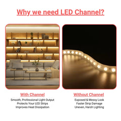 Comparison of LED lighting with and without channels in a home setting. 10Pack 6.6FT/2M LED Channel Aluminum at fliptoled